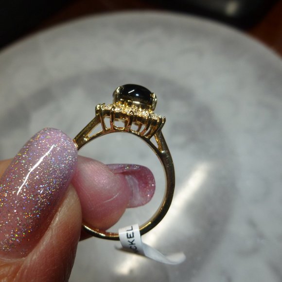 18k Yellow Gold EP Onyx Halo Swarovski Crystal Dolphin Ore Ring - Picture 3 of 11